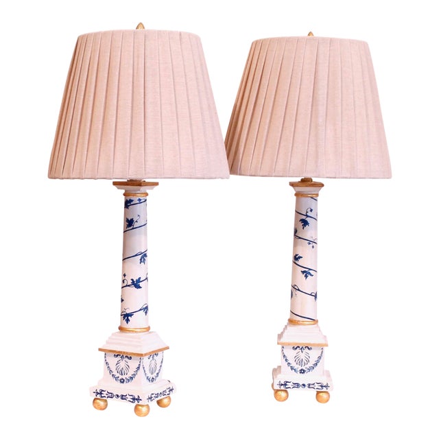Neoclassical Painted Lamps, Cream With Blue Designs - a Pair For Sale
