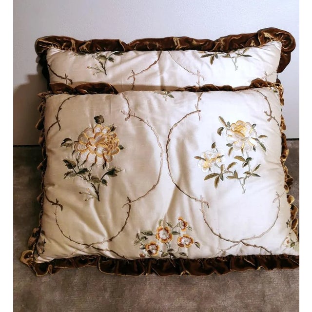 Late 20th Century Vintage Silk & Velvet Italian Embroidered Pillows- a Pair For Sale - Image 5 of 11