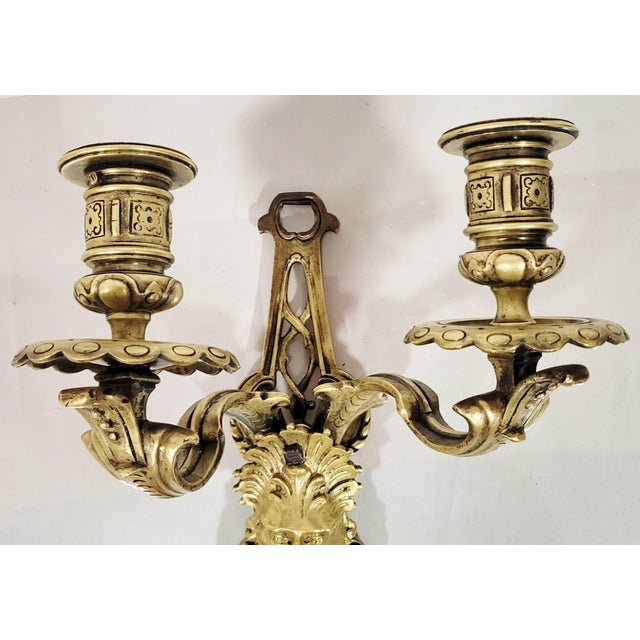 Early 20th Century Pair Antique French Gothic Revival Style Bronze Wall Sconces W. North Wind Face For Sale - Image 5 of 14