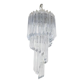 1980s Mid Century Spiral Tier Swirling Chandelier with Murano Glass Triedri Prisms For Sale