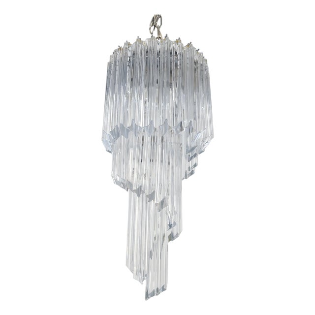 1980s Mid Century Spiral Tier Swirling Chandelier with Murano Glass Triedri Prisms For Sale