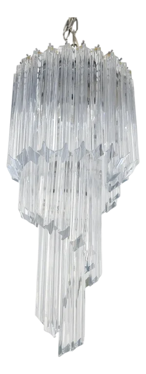 1980s Mid Century Spiral Tier Swirling Chandelier with Murano Glass Triedri Prisms