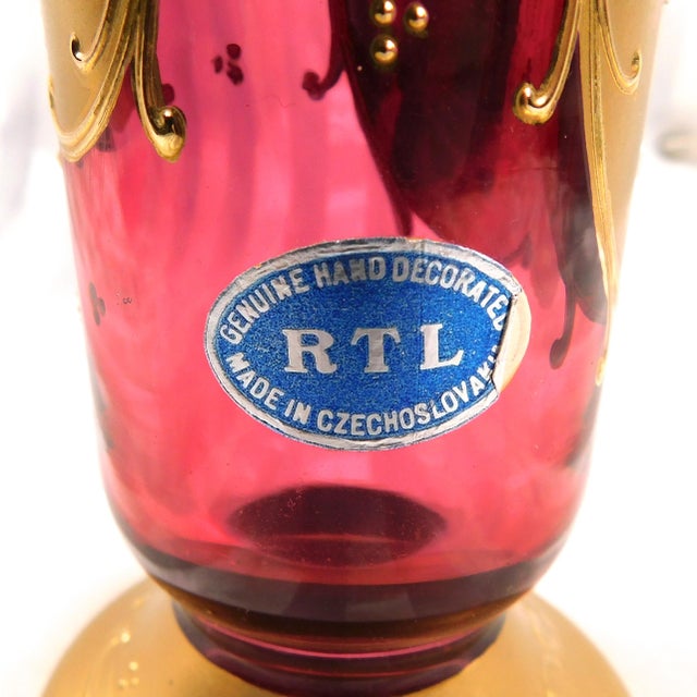 1970s Pink Footed Glass Vase With Dimensional Flowers and Gold Trim For Sale - Image 4 of 6