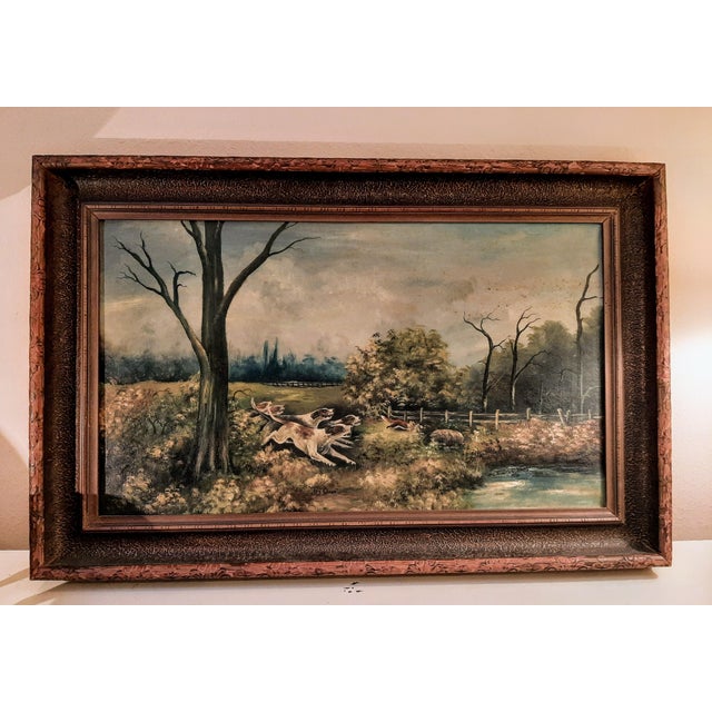 1920 Oil Painting Dogs and Fox Hunt Scene Signed For Sale - Image 9 of 10