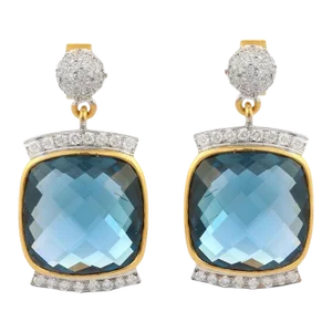 22.8 Ct Dark Blue Topaz & Diamond Dangle Drop Earrings- 2 Pieces