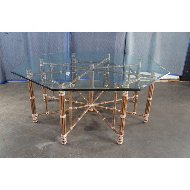 1970s Attributed to McGuire Mid Century Bohemian Modern Octagonal Bamboo Glass Dining Table 74" For Sale - Image 11 of 18
