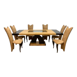 Vintage Italian Art Deco Birdseye Maple and Black Lacquer Extending Dining Table With 6 High Back Chairs - 9 Piece Set