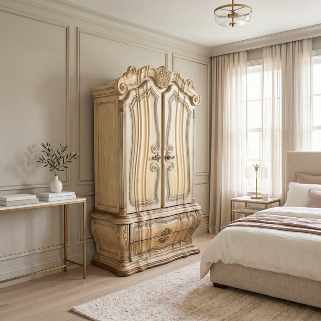 French Provincial Mid 20th Century, Louis XVI “Madame Pompadour” Style Armoire Wardrobe. For Sale - Image 3 of 17