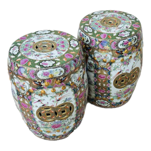 Antique Chinese Rose Medallion Porcelain Side Tables or Garden Stools - Set of 2
