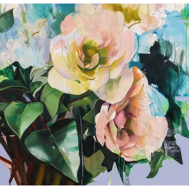 This artwork features a vibrant bouquet of flowers, captured in a glass vase, with a background that contrasts softly...