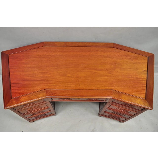Vintage Chinese Bird Carved Hardwood Kneehole Writing Desk With Decorated Back For Sale In Philadelphia - Image 6 of 18