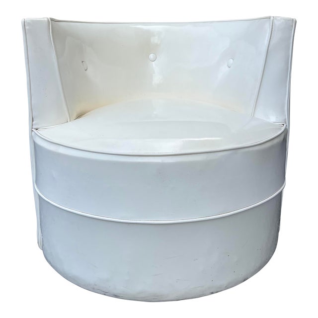 Vintage Space Age White Tufted Vinyl Accent Swivel Chair Style of Antonia Astori For Sale