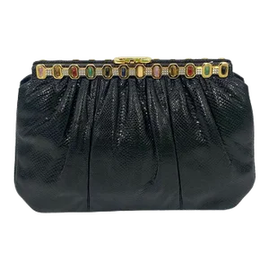 Judith Leiber Black Lizard Multi Colour Gemstone Top Clutch