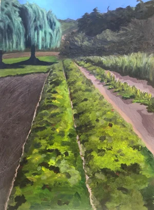 “Before the Harvest" Contemporary Impressionist California Farm Landscape in Green, Brown by Mill Valley Artist Mary Anne McKernie