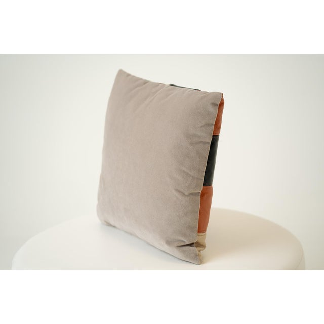 Contemporary Contemporary Patchwork Leather Checkerboard Square Throw Pillow in Orange, Black and Cream, 16 Inch For Sale - Image 3 of 3
