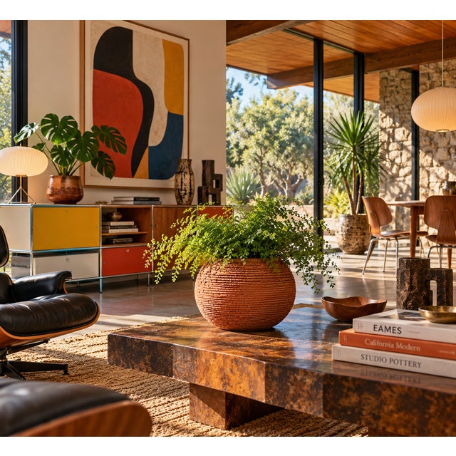 Mid-Century Modern Sculptural Ribbed Terracotta Planter, California Modern Studio Pottery Style For Sale - Image 3 of 9