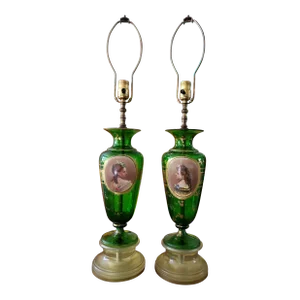 Pair of Antique Bohemian Glass Moser Emerald Green Lamps