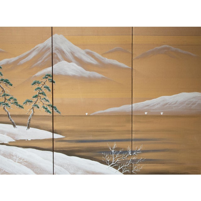 1960s Shōwa Era Japanese Silk Byobu Screen "Mountain Landscape With Pine Trees" For Sale In Dallas - Image 6 of 18