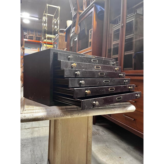 1930s Antique Metal Six Drawer Watchmaker’s Cabinet or Storage Drawers | E & J Swigart Co + Fancy Crystals B & B For Sale - Image 5 of 12