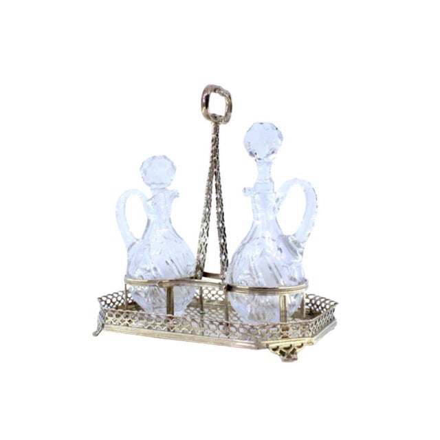 Metal Cruet Set with Silver Structure and Cut Glass Cruets, Set of 3 For Sale - Image 7 of 7