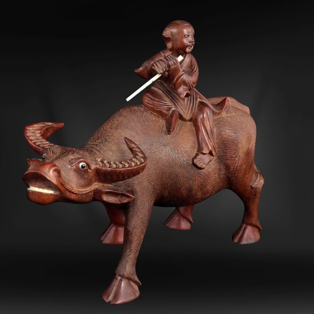 Early 20th Century Chinese Carved Wood Water Buffalo and Boy Republic Era For Sale - Image 5 of 9