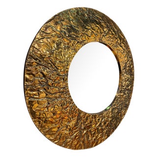 Circular Textured Brass Art Mirror, 1970s For Sale