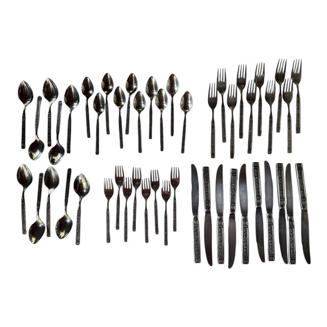Vintage Retro Art Deco Dominica 48 Piece Stainless Flatware Set for 8 by Oneida Silver For Sale