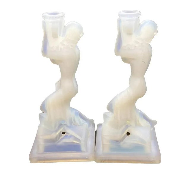 Glass Art Deco Opalescent Glass Nude Female Candleholders by René Lalique, 1920s, Set of 2 For Sale - Image 7 of 10