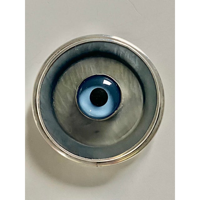 Sterling Silver Evil Eye Brooch Pin Amulet Wood Display Pedestal (Cabinet of Curiosities) For Sale - Image 6 of 11