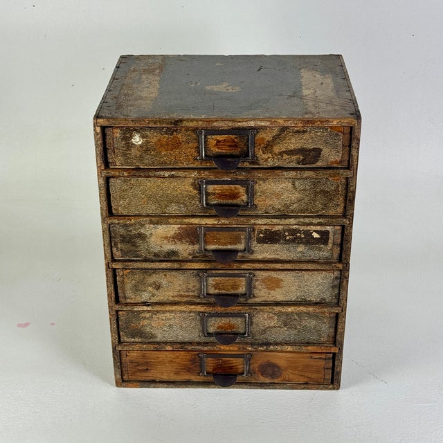 Early 20th C. Antique Six Drawers Desktop Office Cabinet With Remnant Embossed Patterned Paper Over Wood For Sale - Image 4 of 16