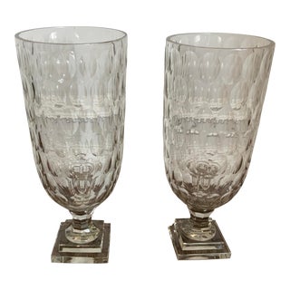 2000s Cut Glass Hurricane Candle Holders- a Pair For Sale