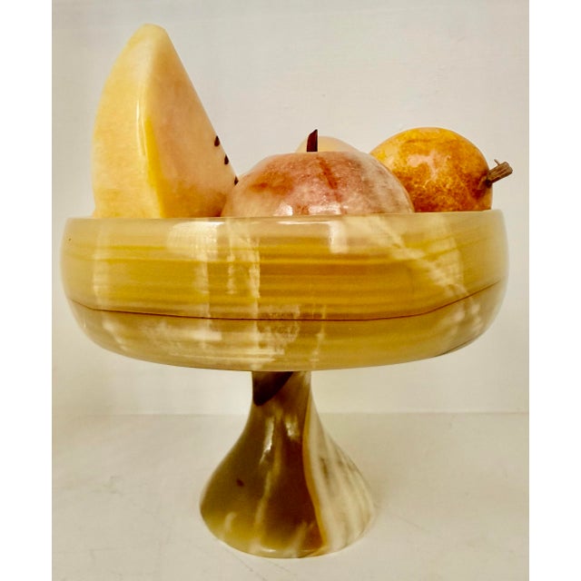 Exceptional Vintage Mid-Century Mexican Carved Onyx Stone Pedestal Bowl, Centerpiece Filled With 12 Assorted Onyx Fruit For Sale In San Antonio - Image 6 of 12