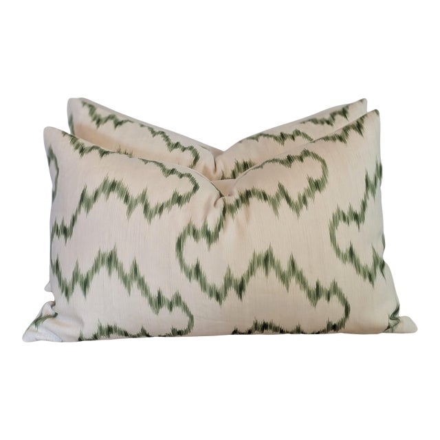 Lee Jofa Mallorcan Ikat Lumbar Pillows in Leaf Green For Sale