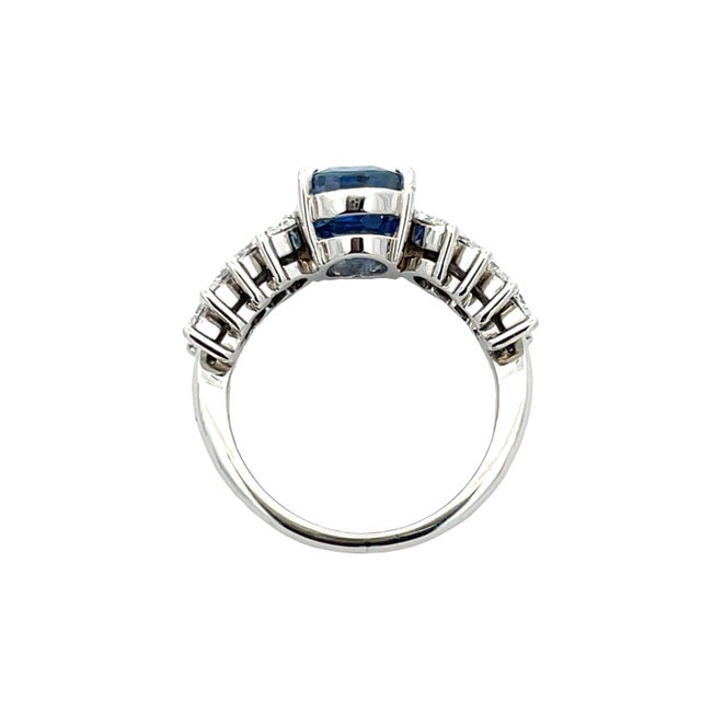 Platinum 3.40 Carat Weight Natural Sapphire & 0.98 CTW Marquise Diamond Ring, Size 4.5 For Sale - Image 4 of 10
