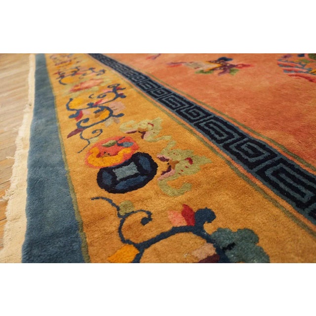1920s Orange Dragon Medallion Antique Chinese Art Deco Carpet 8'10'' X 11'5'' Knotted Wool Rug For Sale - Image 9 of 12