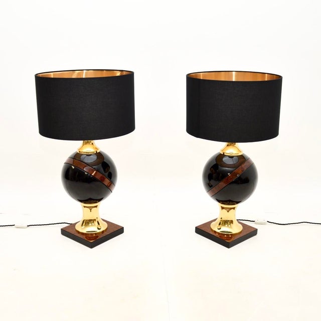 Vintage Italian Walnut and Brass Table Lamps, 1970, Set of 2 For Sale - Image 4 of 11