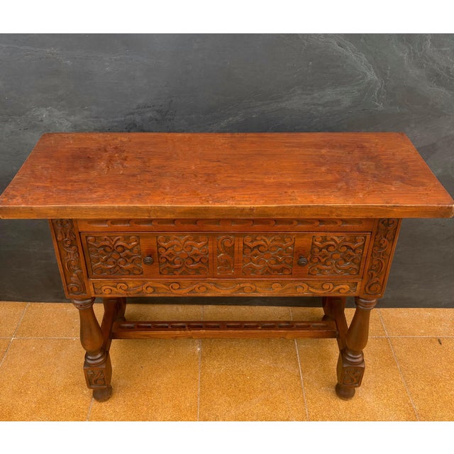 1940s Spanish Renaissance Low Console Table with Carved Front and Single Drawer For Sale - Image 10 of 13