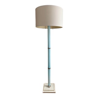 Large Aqua Blue Fluted Glass Floor Lamp With Linen Shade For Sale
