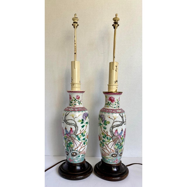 Vintage Chinese Chinoiserie Porcelain Table Lamps With Birds, Chrysanthemums & Pleated Shades - a Pair For Sale - Image 9 of 12