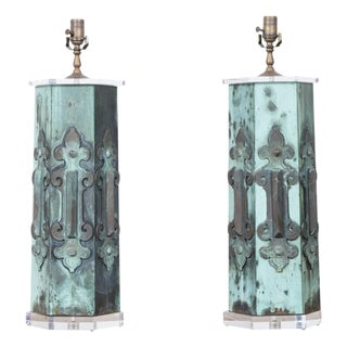 19th Century French Copper Table Lamps with Verdigris Patina - Pair For Sale
