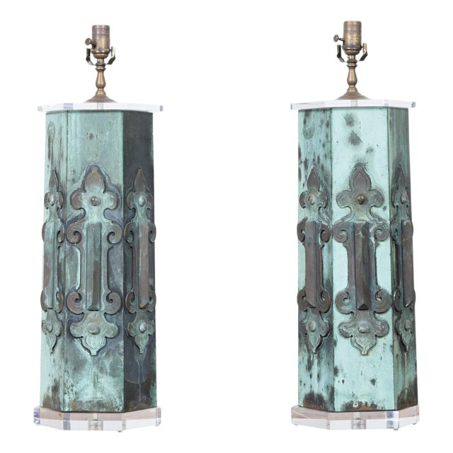 19th Century French Copper Table Lamps with Verdigris Patina - Pair For Sale