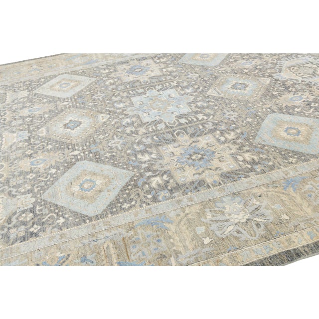 Modern Tabriz Style Wool & Silk Area Rug – Slate Grey & Sky Blue Geometric 10x14 For Sale In New York - Image 6 of 11