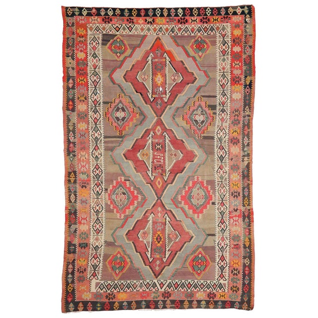 Textile Mid 20th Century Large Vintage Turkish Kilim Rug For Sale - Image 7 of 7