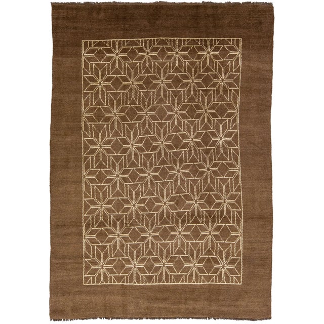 Brown Modern Moroccan Style Handmade Brown Designed Wool Rug For Sale - Image 8 of 8