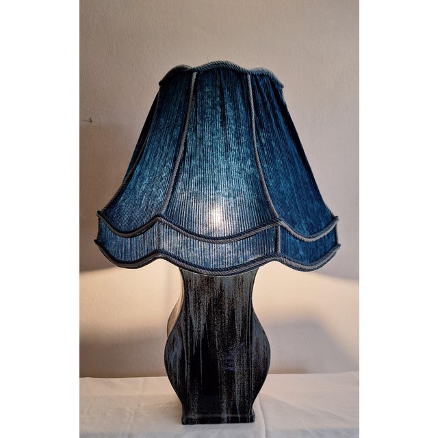 Large Vintage Blue-Grey Gradient Glazed Ceramic Table Lamp with Fabric Shade, 1970s For Sale - Image 9 of 9