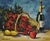 Clifford Holmes, Still Life with Bottle, Flowers and Fruits, Circa 1950 For Sale