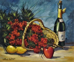 Clifford Holmes, Still Life with Bottle, Flowers and Fruits, Circa 1950