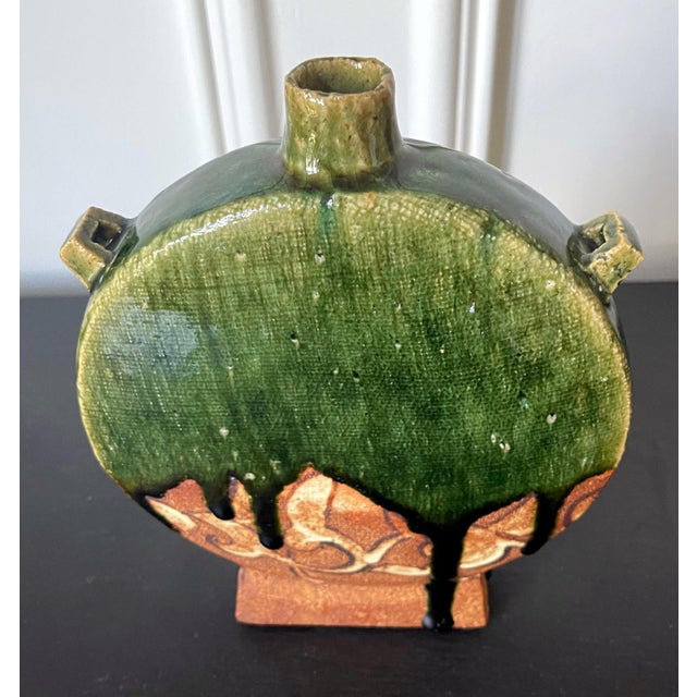 Green Modern Japanese Studio Pottery Oribe Moon Flask Vase by Ken Matsuzaki For Sale - Image 8 of 18
