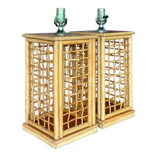 Vintage Coastal Grid Rattan Table Lamps - a Pair For Sale