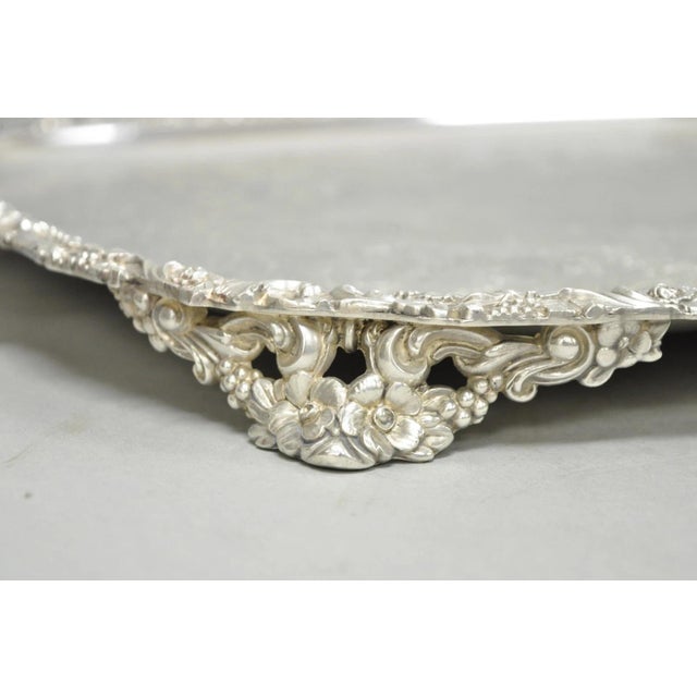 Victorian Antique e.g. Webster & Son Victorian Silver Plated Floral Repousse Serving Tray For Sale - Image 3 of 15